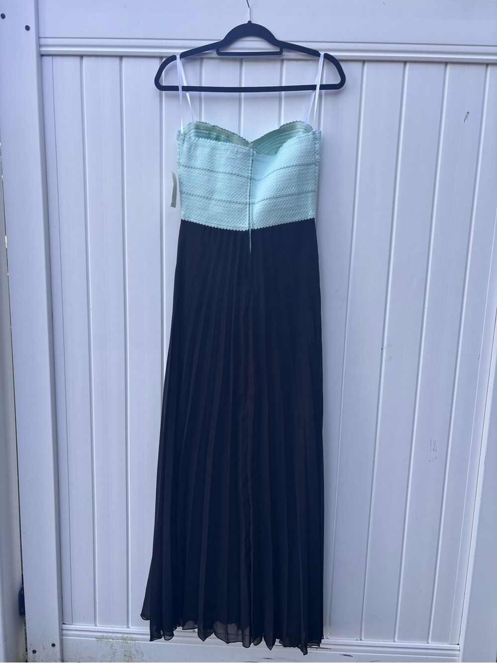 Macy's Mint Green and Black Strapless Pleated Evening Gown